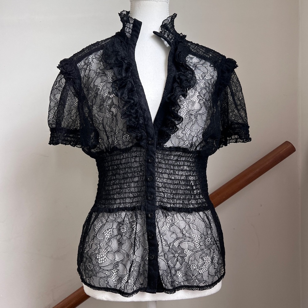 Vintage Y2K Bebe Black Lace Top Sheer High Neck Ruffle Smocked Goth Romantic L